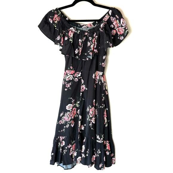Jill Stuart Black & Pink Floral Off Shoulder Ruffled Knee Length Dress Size 2 - Picture 3 of 10